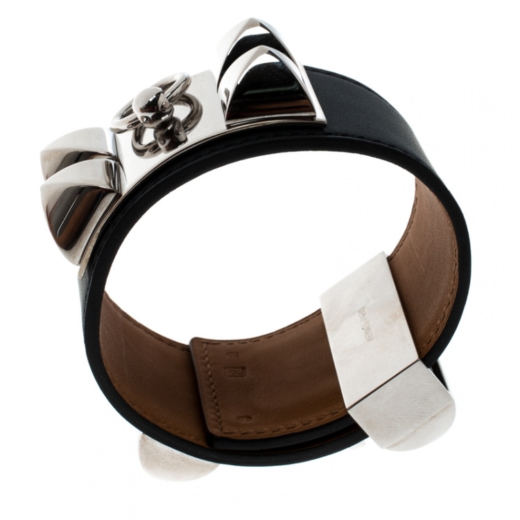 Pre Owned Hermès Collier de Chien Black Leather Palladium Plated Wide Bracelet S