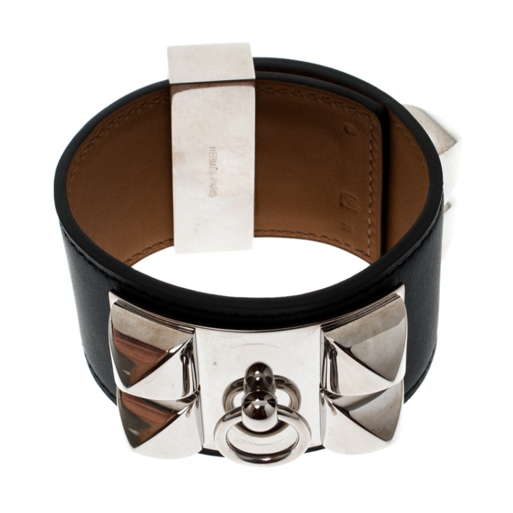 Pre Owned Hermès Collier de Chien Black Leather Palladium Plated Wide Bracelet S