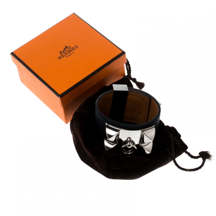 Pre Owned Hermès Collier de Chien Black Leather Palladium Plated Wide Bracelet S