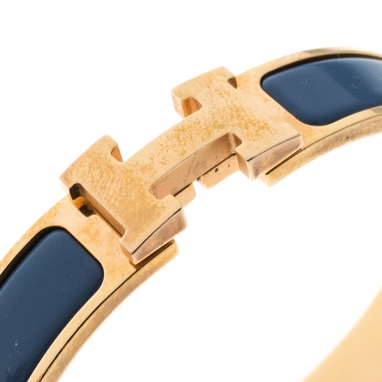 Pre Owned Hermes Clic Clac H Blue Enamel Gold Plated Narrow Bracelet PM