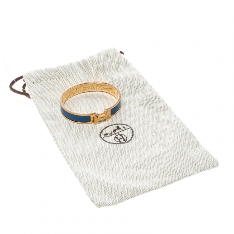 Pre Owned Hermes Clic Clac H Blue Enamel Gold Plated Narrow Bracelet PM