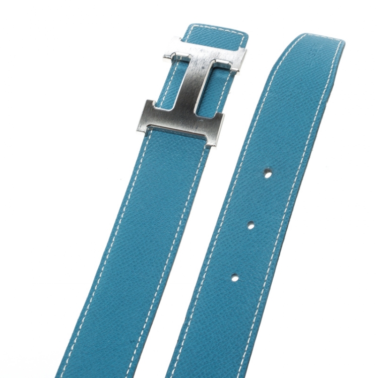 Pre Owned Hermes Sky Blue/White Leather Reversible Silver Brushed Finished H Buckle Belt 95cm