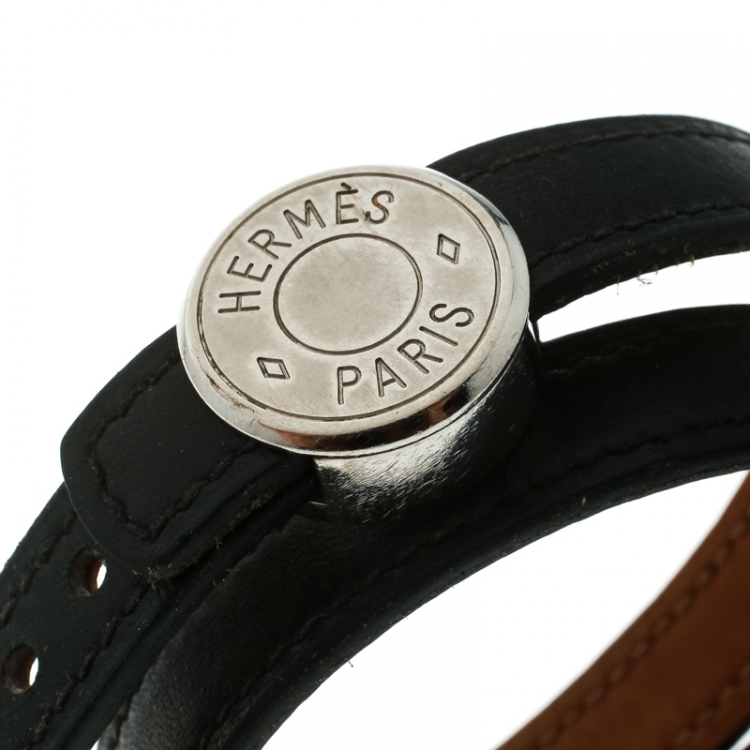 Pre Owned Hermes Black Looping Interchangeable Leather Palladium Plated Bracelet