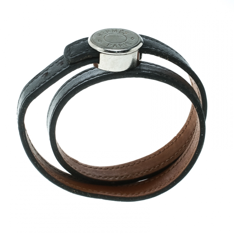Pre Owned Hermes Black Looping Interchangeable Leather Palladium Plated Bracelet