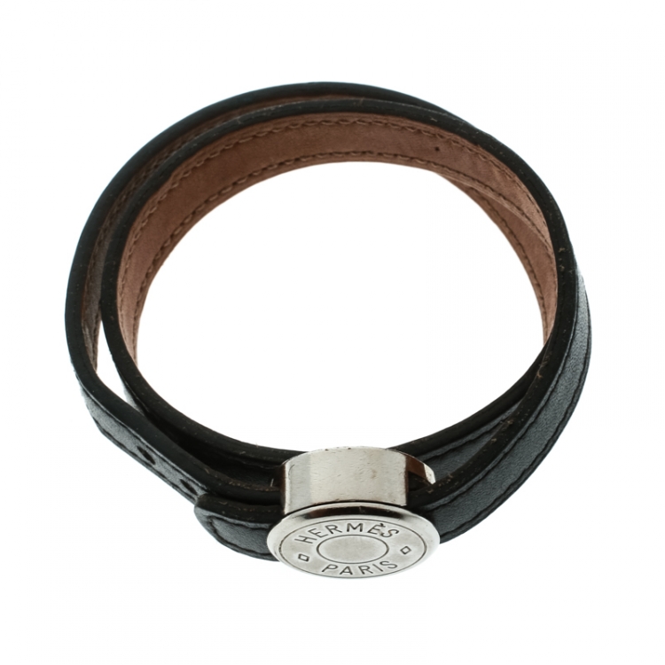 Pre Owned Hermes Black Looping Interchangeable Leather Palladium Plated Bracelet