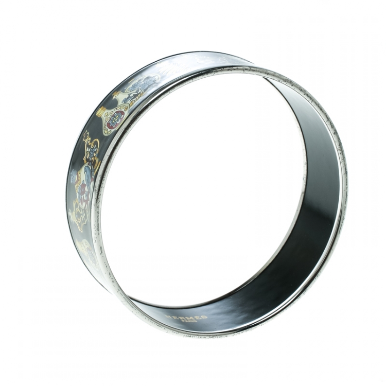 Pre Owned Hermès Black Perfume Bottle Print Enamel Palladium Plated Wide Bangle Bracelet