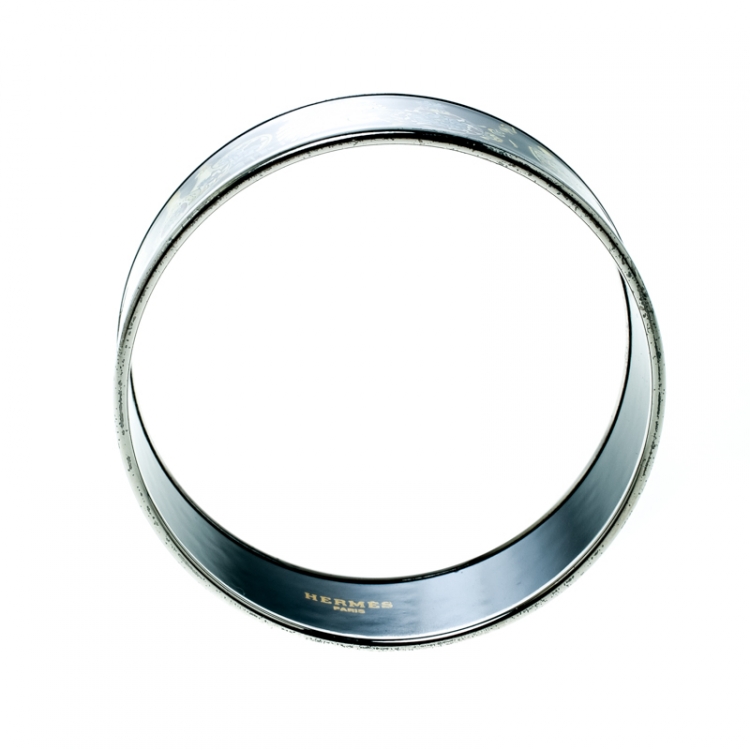 Pre Owned Hermès Black Perfume Bottle Print Enamel Palladium Plated Wide Bangle Bracelet