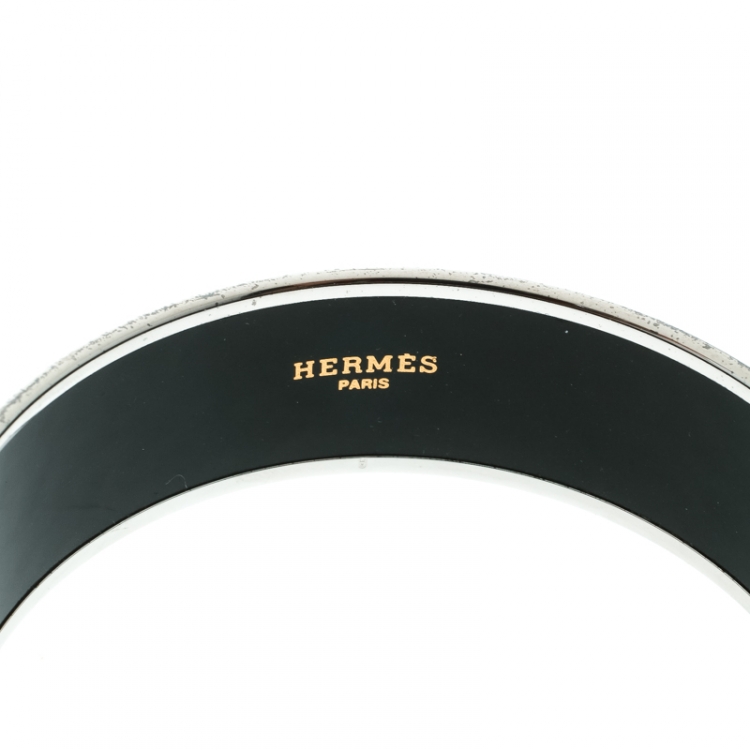 Pre Owned Hermès Black Perfume Bottle Print Enamel Palladium Plated Wide Bangle Bracelet