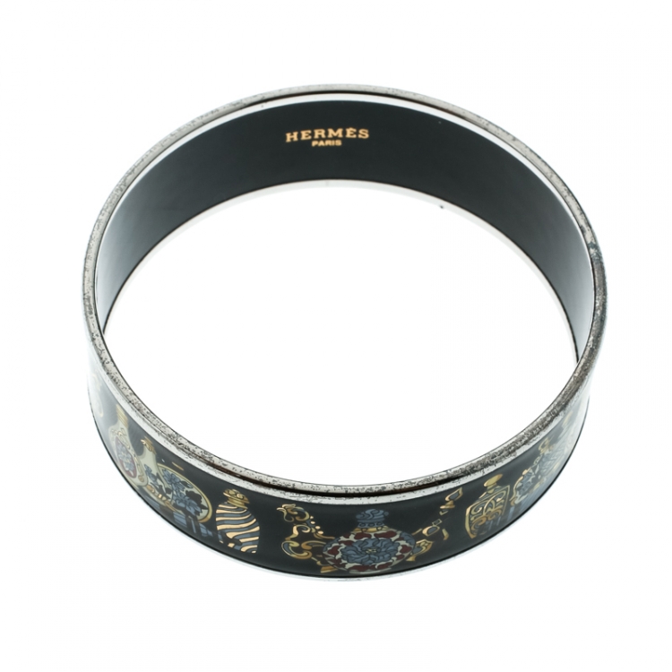 Pre Owned Hermès Black Perfume Bottle Print Enamel Palladium Plated Wide Bangle Bracelet