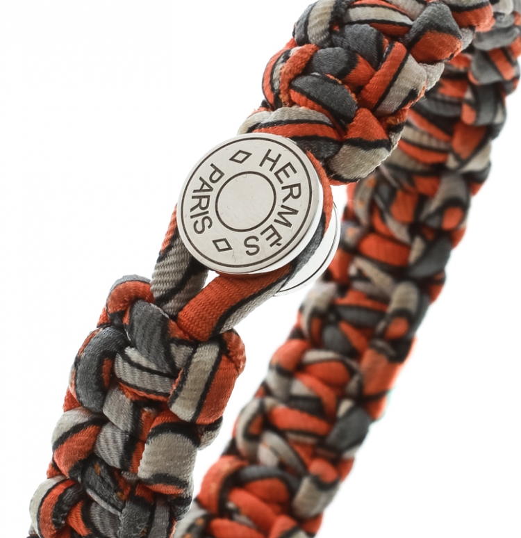 Pre Owned Hermes Kid Silk Orange Multiprint Braided Cord Toggle Bracelet