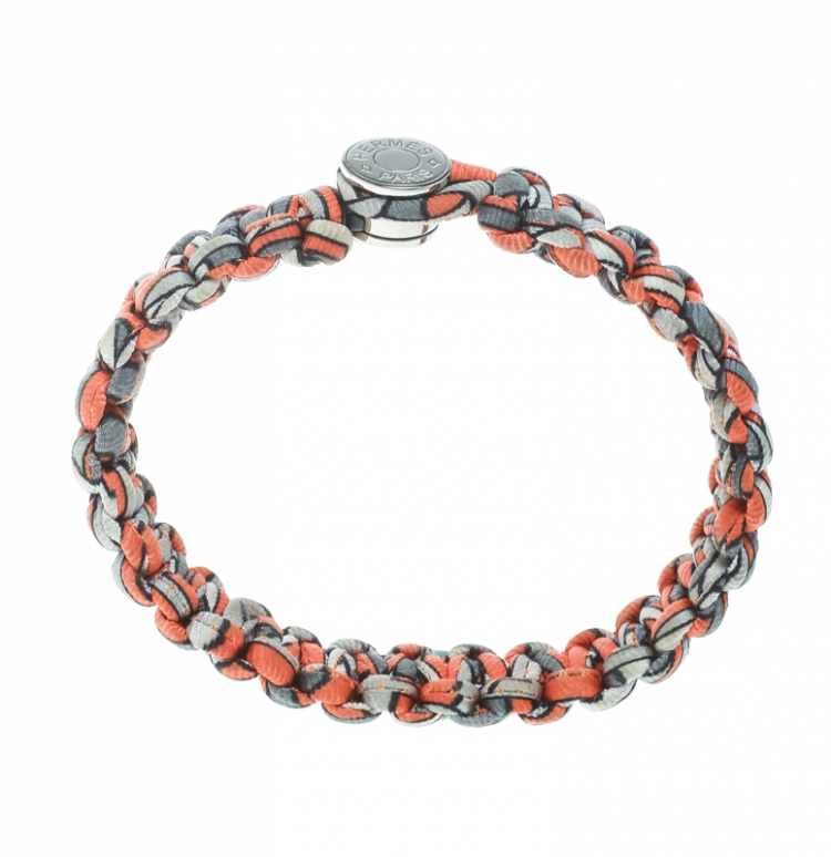 Pre Owned Hermes Kid Silk Orange Multiprint Braided Cord Toggle Bracelet