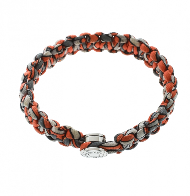 Pre Owned Hermes Kid Silk Orange Multiprint Braided Cord Toggle Bracelet