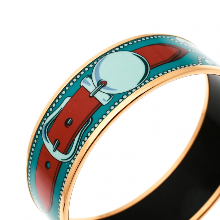 Pre Owned Hermes Blue Belt Motif Enamel Gold Plated Wide Bangle Bracelet