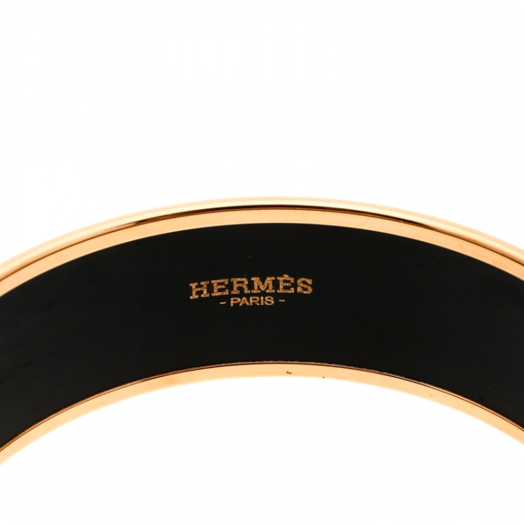 Pre Owned Hermes Blue Belt Motif Enamel Gold Plated Wide Bangle Bracelet