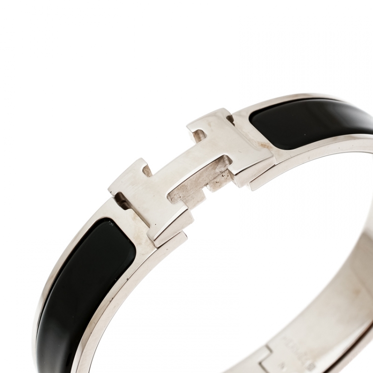 Pre Owned Hermes Clic Clac H Black Enamel Palladium Plated Narrow Bracelet PM