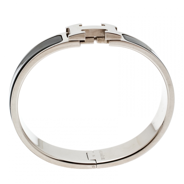 Pre Owned Hermes Clic Clac H Black Enamel Palladium Plated Narrow Bracelet PM