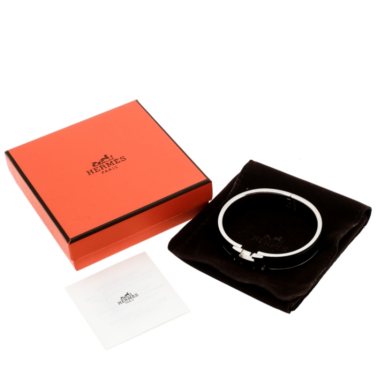Pre Owned Hermes Clic Clac H Black Enamel Palladium Plated Narrow Bracelet PM