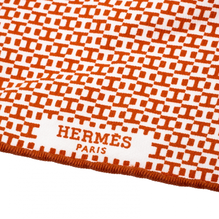 Pre Owned Hermes Orange and White H Printed Silk Diamond Neck Scarf