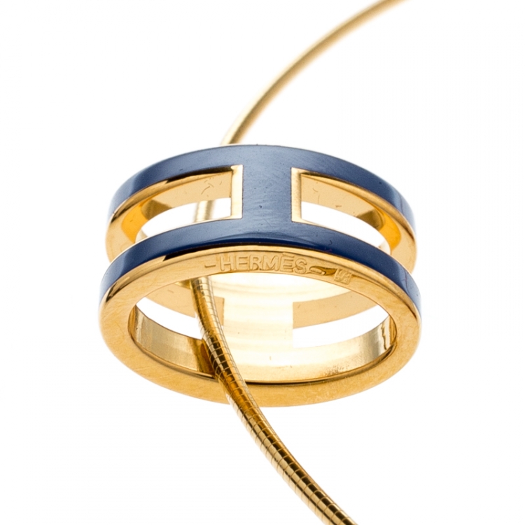 Pre Owned Hermes Pop H Royal Blue Lacquer Gold Plated Pendant Necklace 