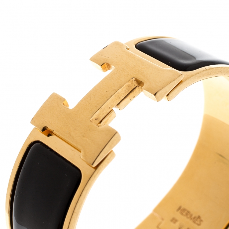 Pre Owned Hermes Clic Clac H Black Enamel Gold Plated Wide Bracelet PM