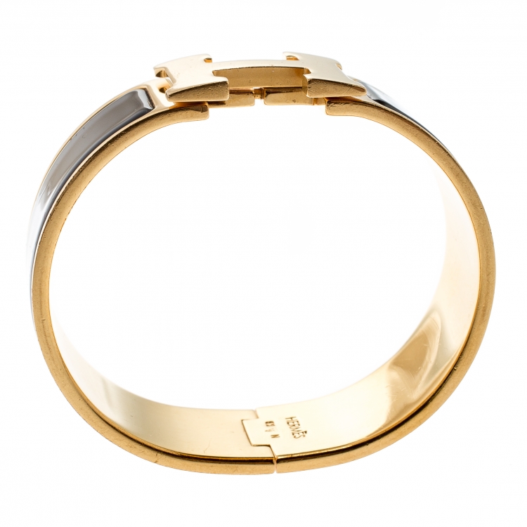 Pre Owned Hermes Clic Clac H Black Enamel Gold Plated Wide Bracelet PM