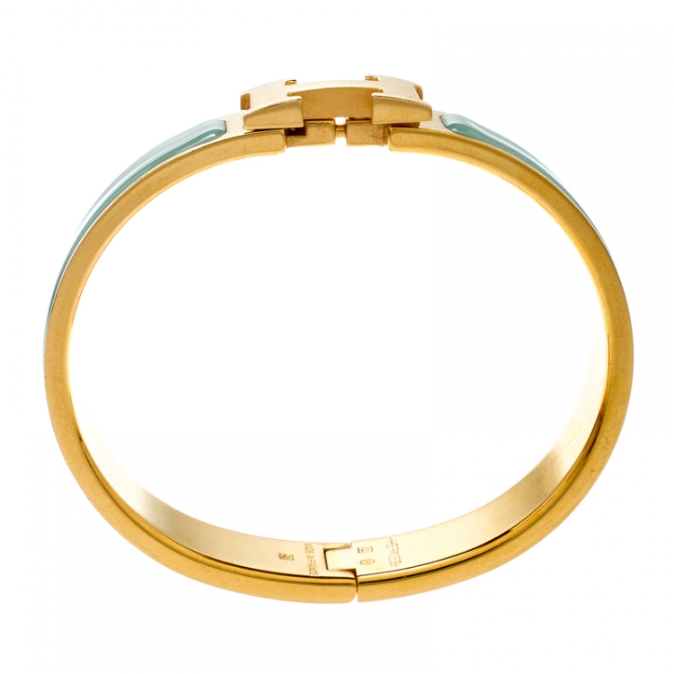 Pre Owned Hermes Clic H Aqua Blue Enamel Gold Plated Bracelet PM