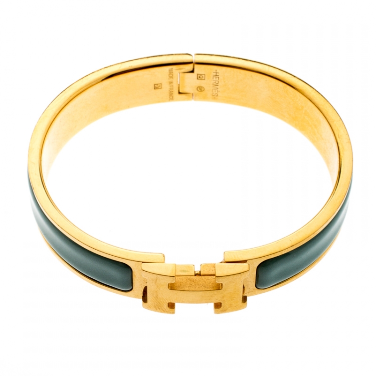 Pre Owned Hermes Clic H Aqua Blue Enamel Gold Plated Bracelet PM