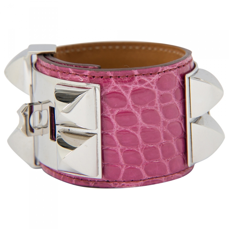 Pre Owned Hermes Collier De Chien Pink Alligator Leather Palladium Plated Cuff Bracelet S