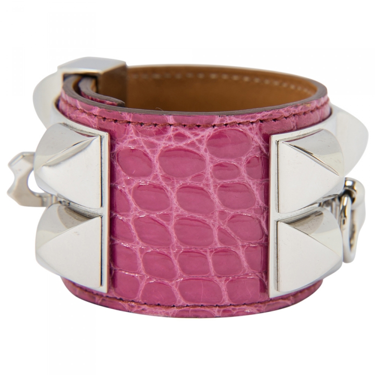Pre Owned Hermes Collier De Chien Pink Alligator Leather Palladium Plated Cuff Bracelet S