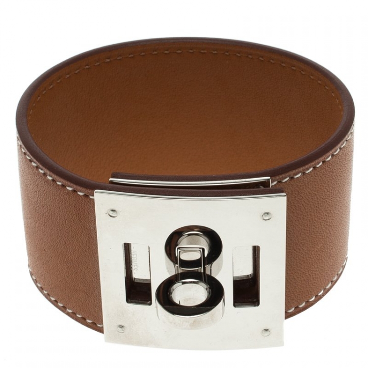 Pre Owned Hermes Kelly Dog Brown Leather Palladium Plated Wide Bracelet