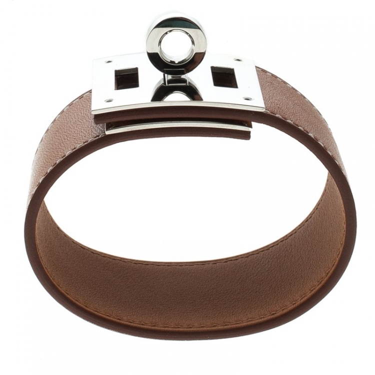 Pre Owned Hermes Kelly Dog Brown Leather Palladium Plated Wide Bracelet