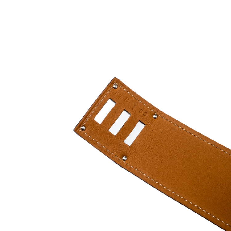 Pre Owned Hermes Kelly Dog Brown Leather Palladium Plated Wide Bracelet