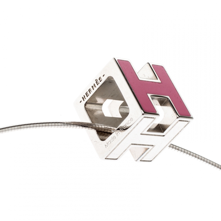 Pre Owned Hermes Cage d'H Pink Lacquer Palladium Plated Pendant Necklace