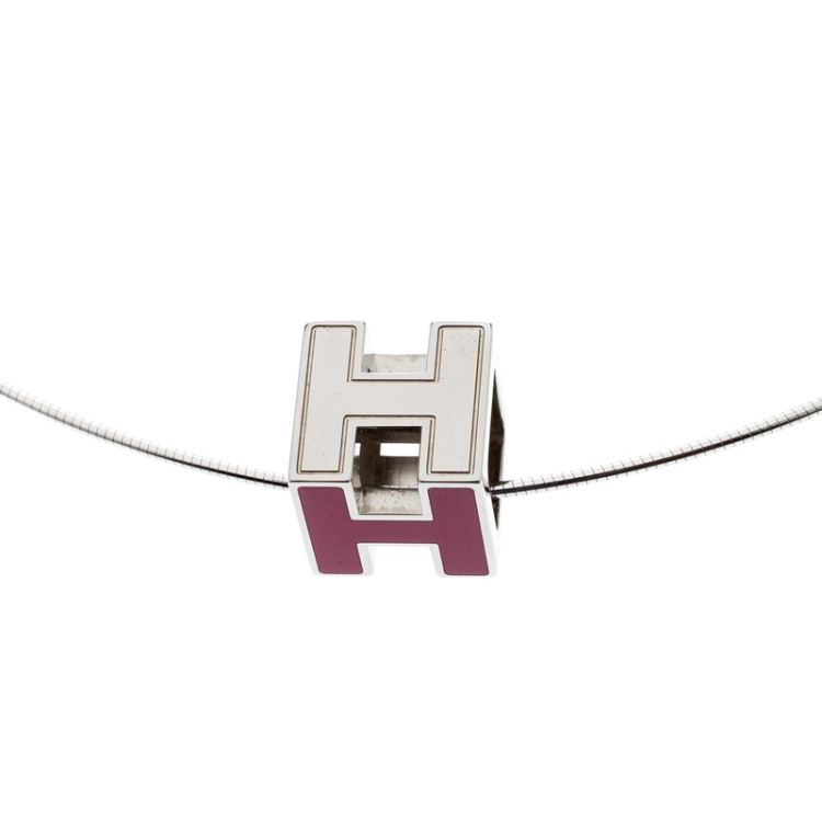 Pre Owned Hermes Cage d'H Pink Lacquer Palladium Plated Pendant Necklace