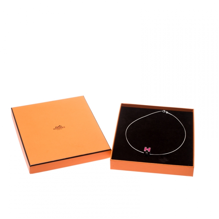 Pre Owned Hermes Cage d'H Pink Lacquer Palladium Plated Pendant Necklace