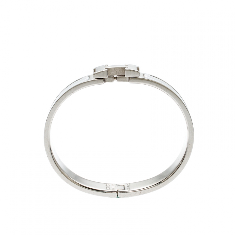 Pre Owned Hermès Clic H White Enamel Palladium Plated Narrow Bracelet PM