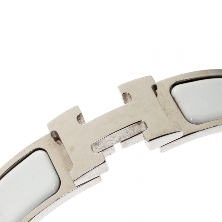 Pre Owned Hermès Clic H White Enamel Palladium Plated Narrow Bracelet PM