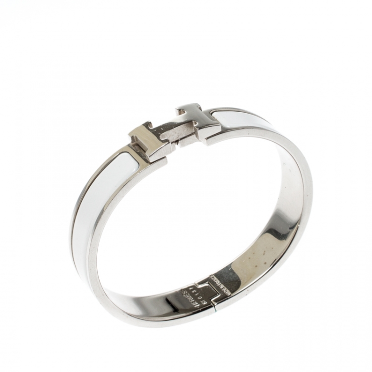 Pre Owned Hermès Clic H White Enamel Palladium Plated Narrow Bracelet PM