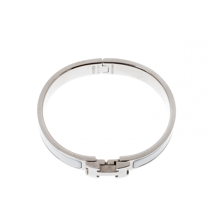 Pre Owned Hermès Clic H White Enamel Palladium Plated Narrow Bracelet PM