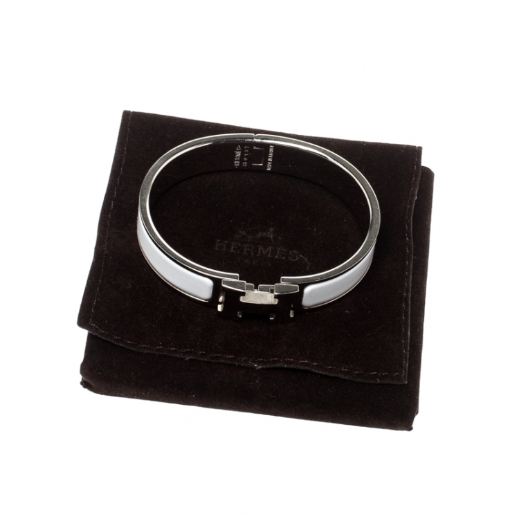 Pre Owned Hermès Clic H White Enamel Palladium Plated Narrow Bracelet PM