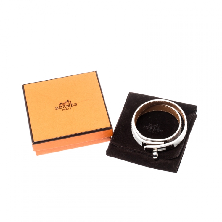 Pre Owned Hermes Kelly Double Tour White Leather Palladium Plated Wrap Bracelet S