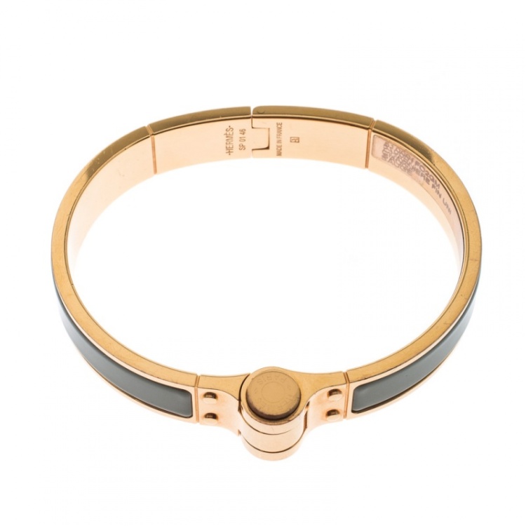 Pre Owned Hermes Charniere Uni Green Enamel Rose Gold Plated Bracelet GM