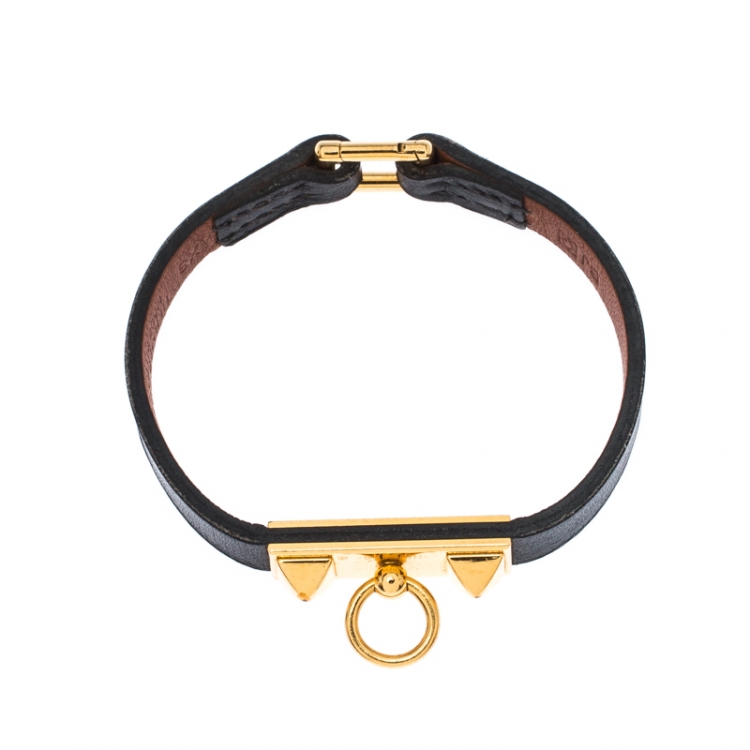 Pre Owned Hermes Micro Rivale Black Leather Gold Plated Bracelet XS