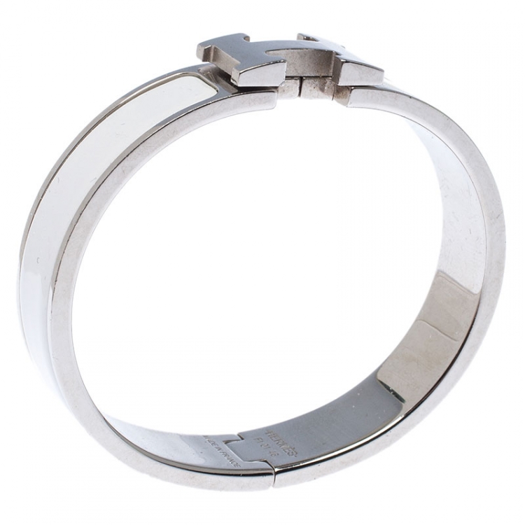 Pre Owned Hermes Clic Clac H White Enamel Palladium Plated Narrow Bracelet PM