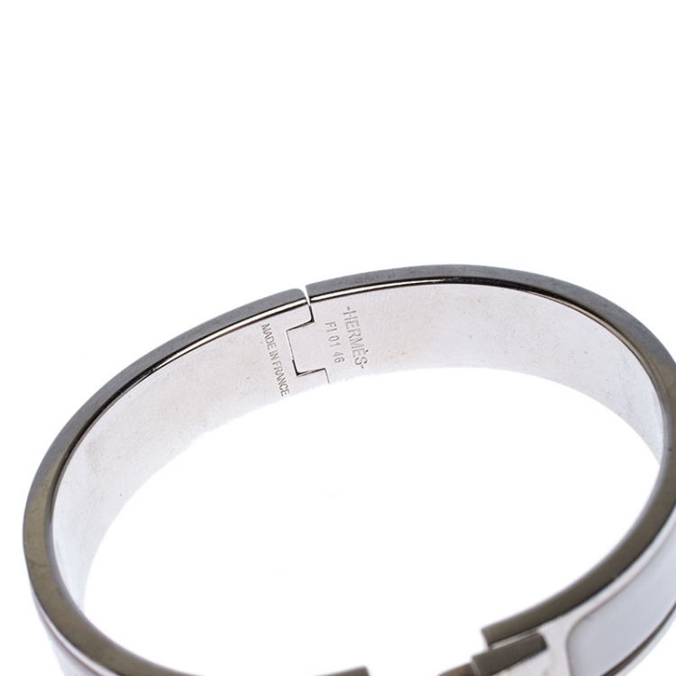 Pre Owned Hermes Clic Clac H White Enamel Palladium Plated Narrow Bracelet PM
