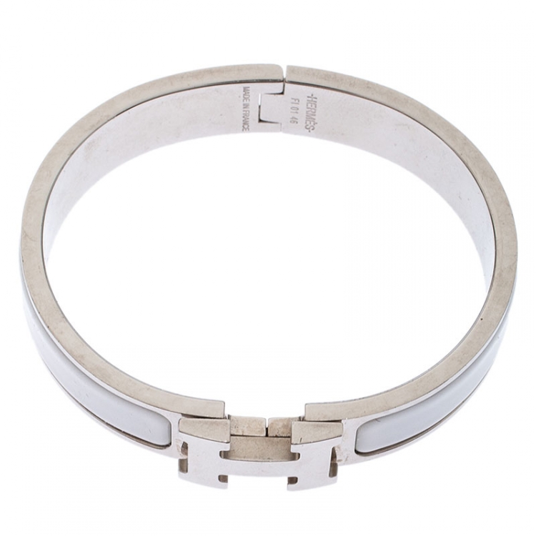 Pre Owned Hermes Clic Clac H White Enamel Palladium Plated Narrow Bracelet PM