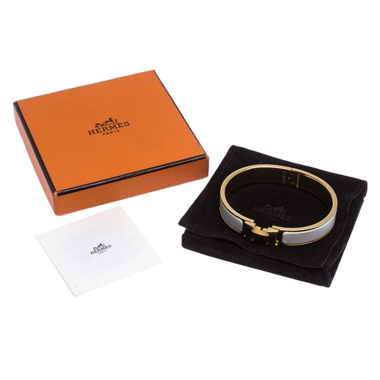 Pre Owned Hermes White Enamel Gold Plated Clic Clac H Bracelet PM