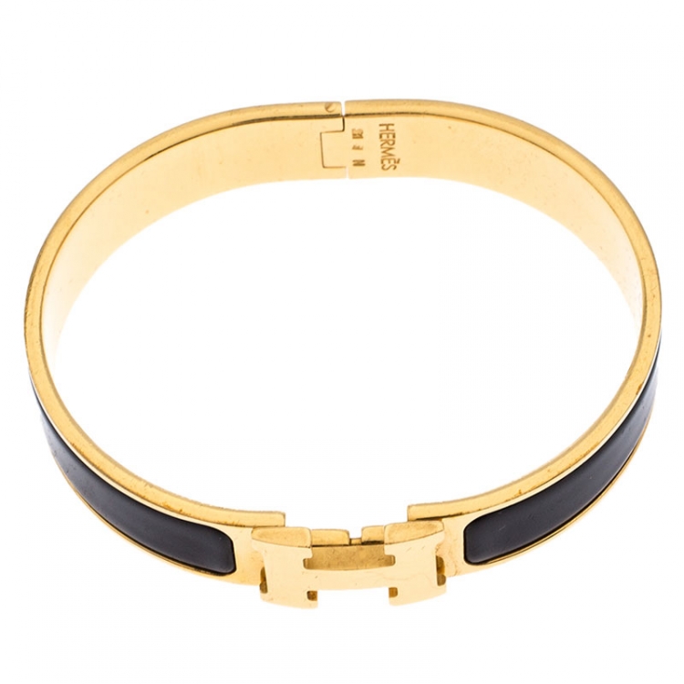 Pre Owned Hermès Clic H Black Enamel Gold Plated Narrow Bracelet PM