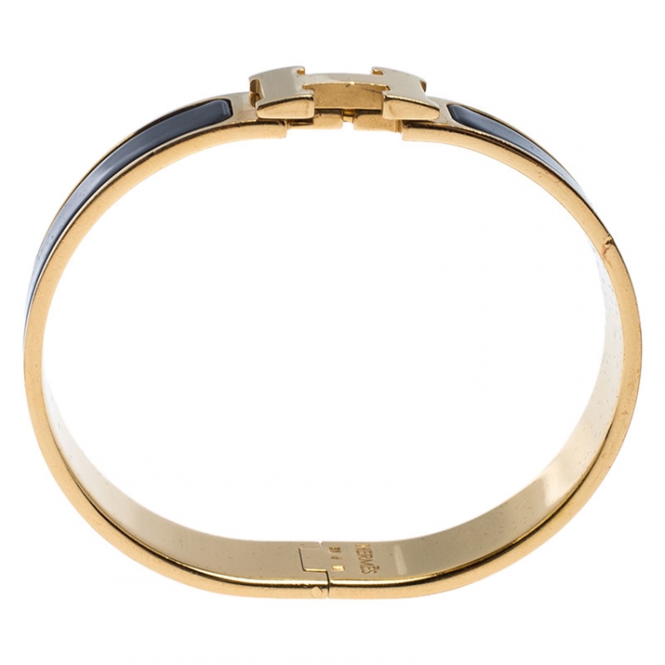 Pre Owned Hermès Clic H Black Enamel Gold Plated Narrow Bracelet PM