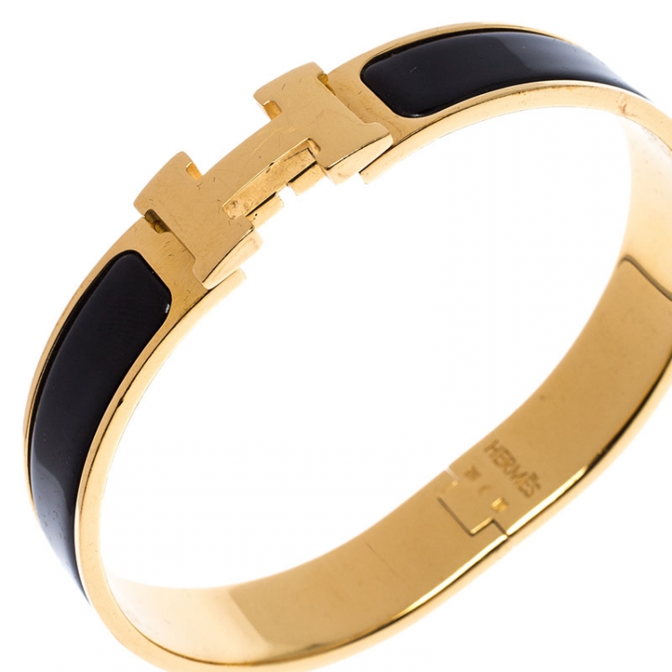 Pre Owned Hermès Clic H Black Enamel Gold Plated Narrow Bracelet PM